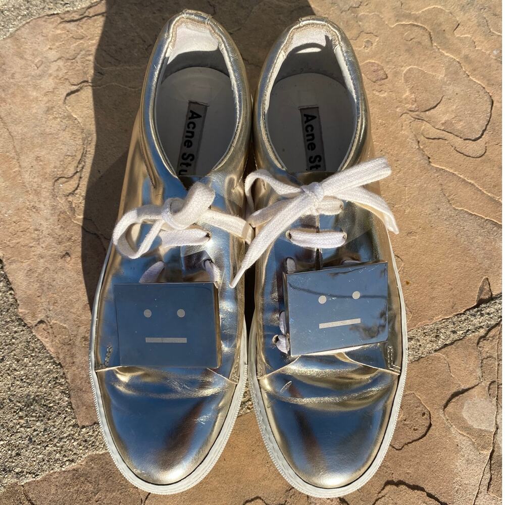 Acne Studios Adriana Gold Metallic Face Logo Leather Sneakers Size Eu 39